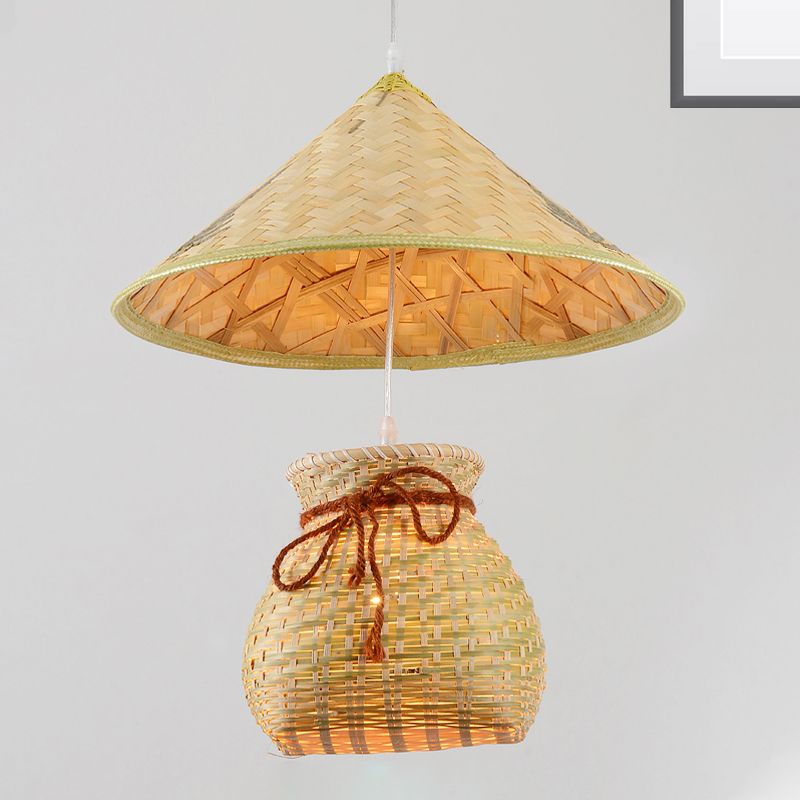 Bamboo Cone Suspension Pendant Traditional 1 Head Wood Hanging Ceiling Light with Basket