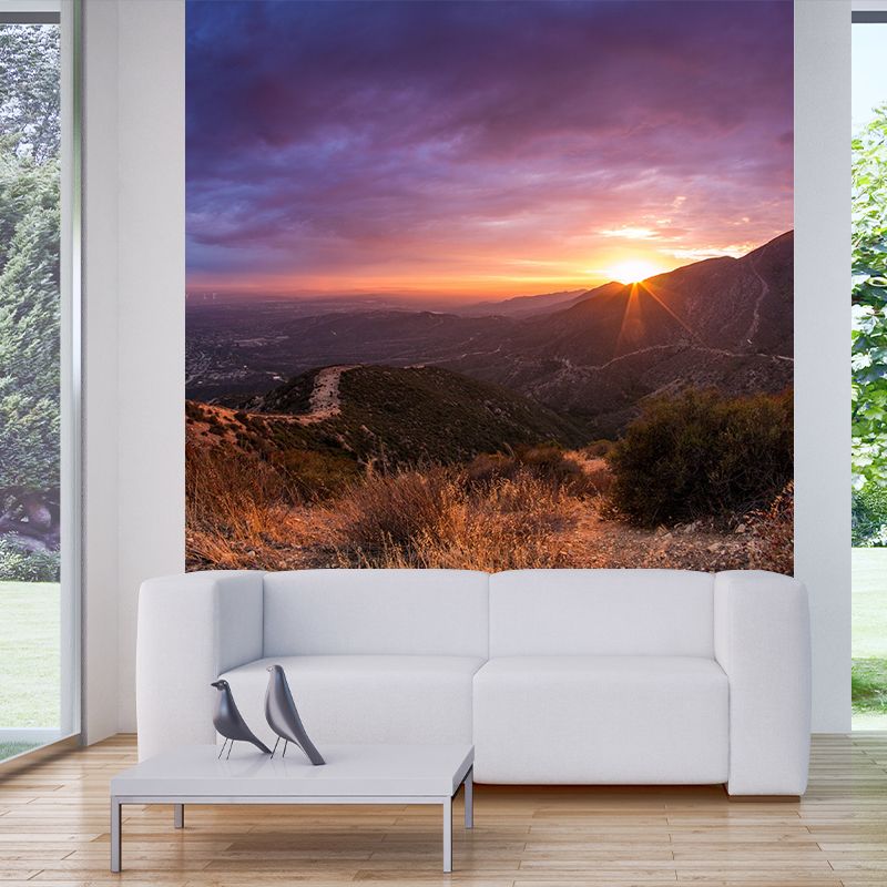Purple Modernist Wallpaper Mural Big Sunset and Sinuous Road View from Mountain Wall Covering for Home