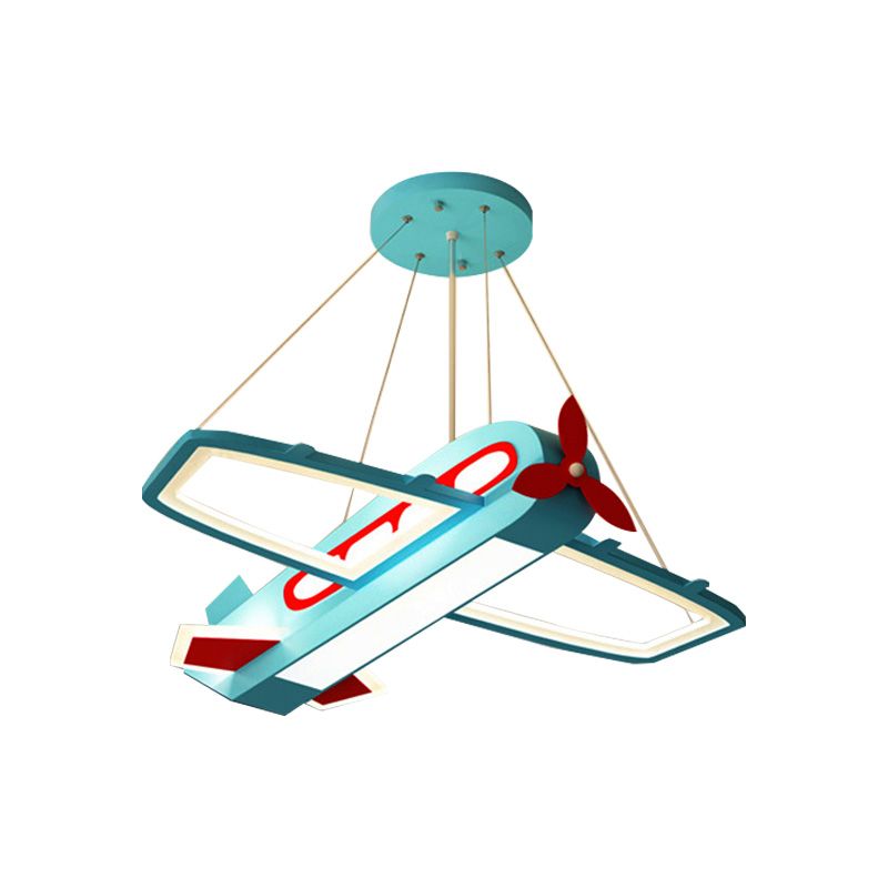 Blauw vliegtuig hangende kroonluchter metaal en acrylkinderen led hangend plafondlicht in warm/wit licht
