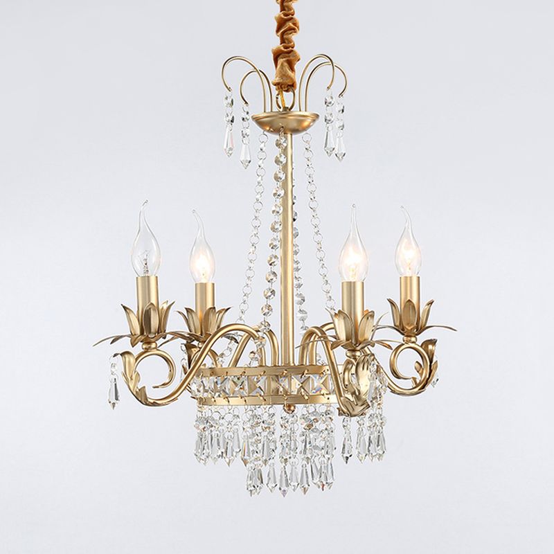 Curved Arm Crystal Chandelier Lamp Countryside 4/8 Lights Living Room Drop Pendant in Gold