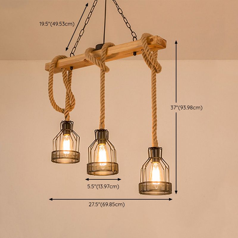 3 / 5 - Light Kitchen Island Fixture Wood and Iron Ceiling Lighting with Hemp Rope