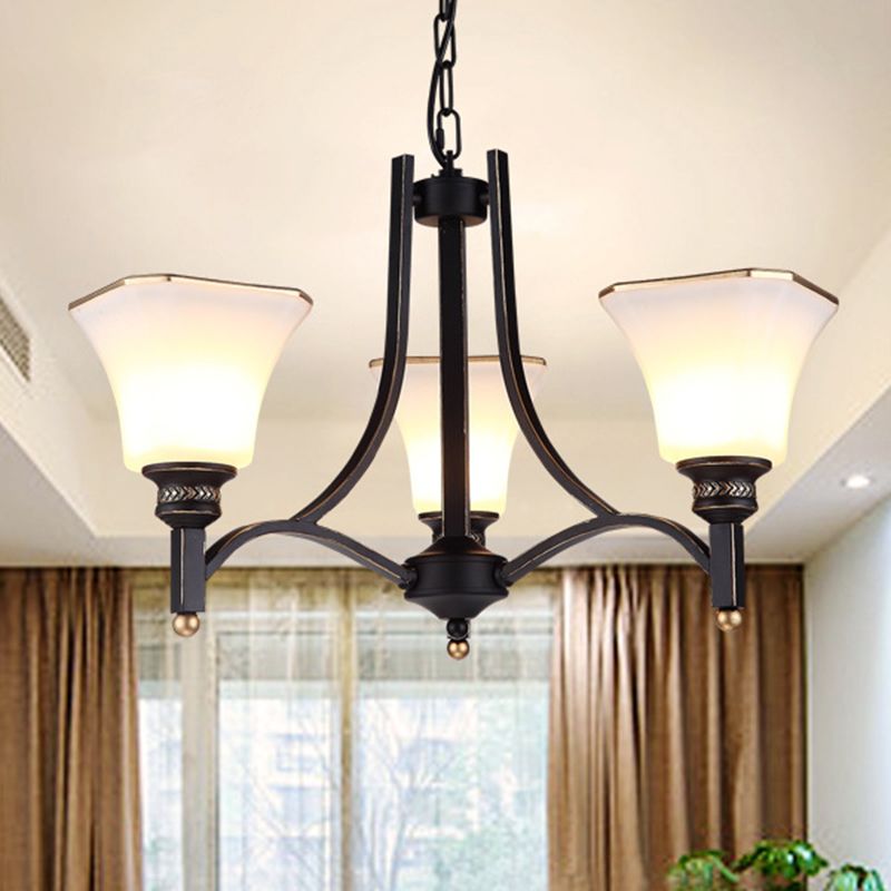 White Glass Bell Hanging Chandelier Traditional 3/6 Lights Living Room Pendant Light in Black
