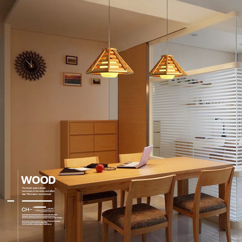Log Color Truncated Cone Hanging Lamp in Modern Simplicity Wooden Pendant Light with Glass Shade