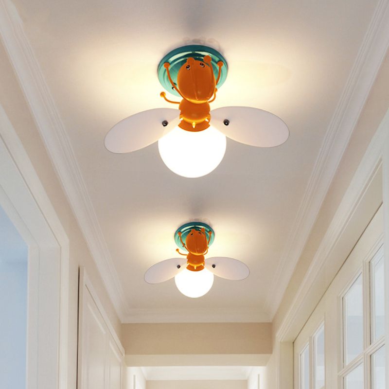 Kids Firefly White Glass Semi Flush 1 Bulb Ceiling Flush Mount Light in Orange for Corridor