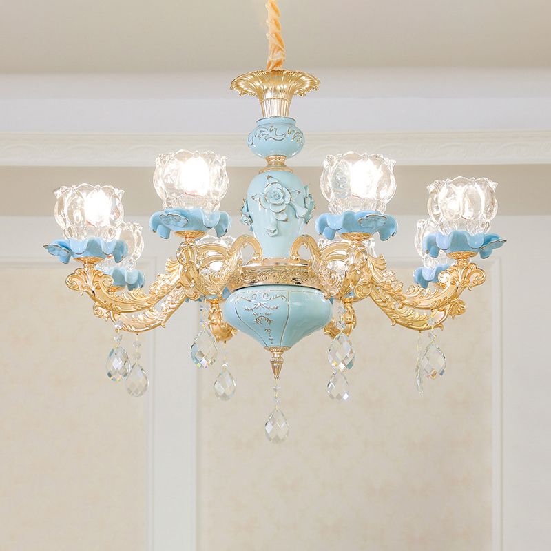 Flower Ribbed Glass Chandelier Lighting Classic Living Room Pendant Light with Crystal Draping in Blue