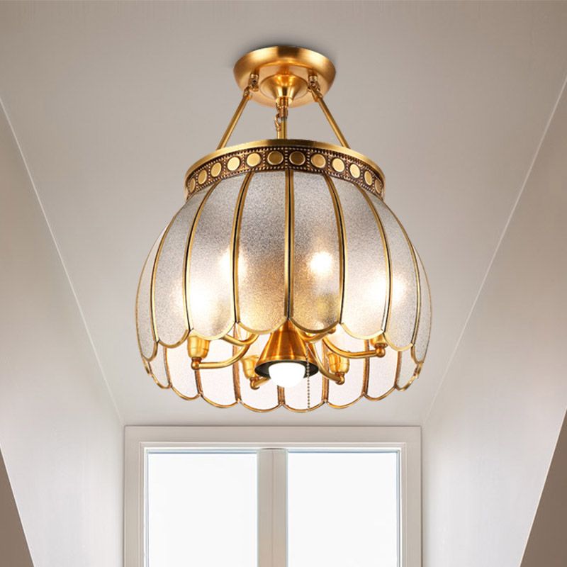 Retro Style Sphere Semi Flush Light 1 Bulb Frosted Glass Brass Finish Ceiling Lamp with Pull Chain