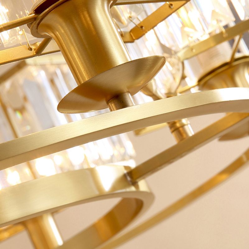 Polished Brass Round Chandelier Lighting Fixtures with 15" Adjustable Cord Modern Clear Crystal Pendant