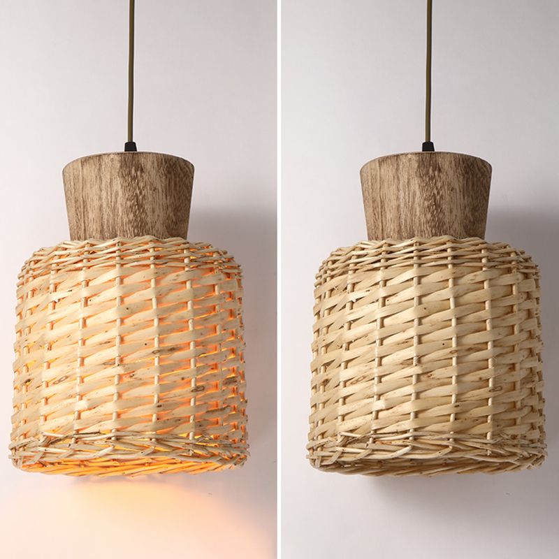 Asian Style Bamboo Weaving Pendant Light 1-Light Simplicity Wooden Hanging Lamp for Bedroom