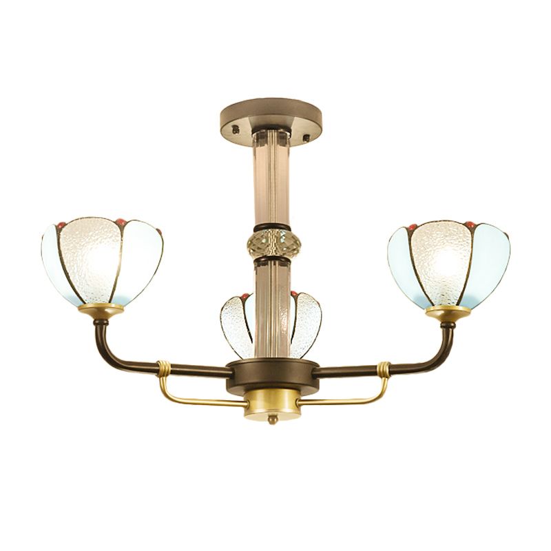 Petal Ceiling Hanging Light Stained Glass 3 Lights Tiffany Chandelier Lighting in Blue for Bedroom