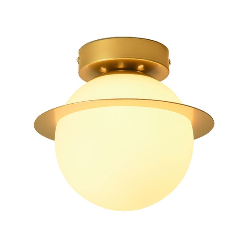 White Glass Globe Ceiling Light Fixture Nordic 1 Bulb Flush Mount Lighting in Gold Finish