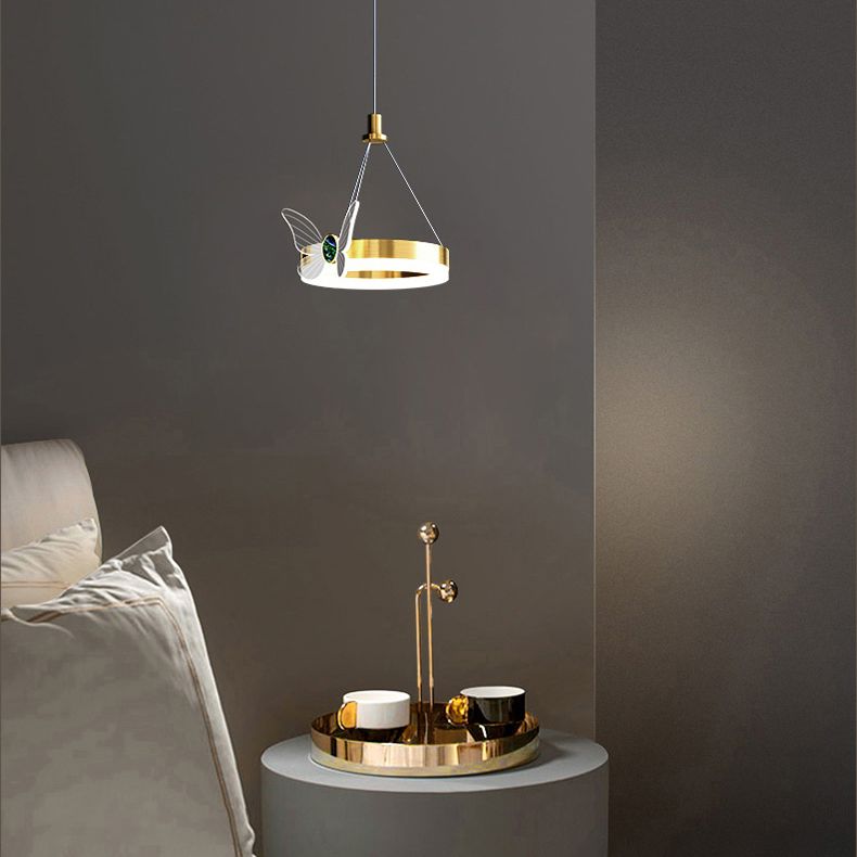 Brass Ring LED Pendant Minimalist Metal Hanging Light with Butterfly Decoration