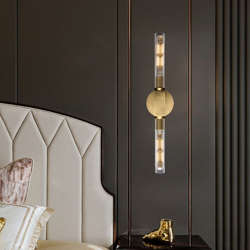 Métallique Black / Brass Sconce Light Tubular 2 têtes Lampe murale de style rétro avec une teinte en verre transparent