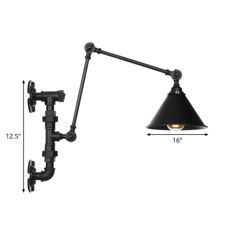 Cone/Flared Living Room Wall Lamp Fixture Industrial Iron 1-Light Black Rotatable Wall Light with Water Pipe Bracket