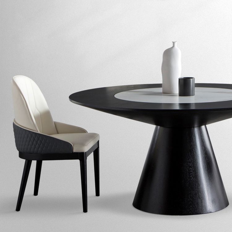 Solid Wood Table Set 1/4/5/7 Pcs Black Pedestal Dining Table with Upholstered Chair