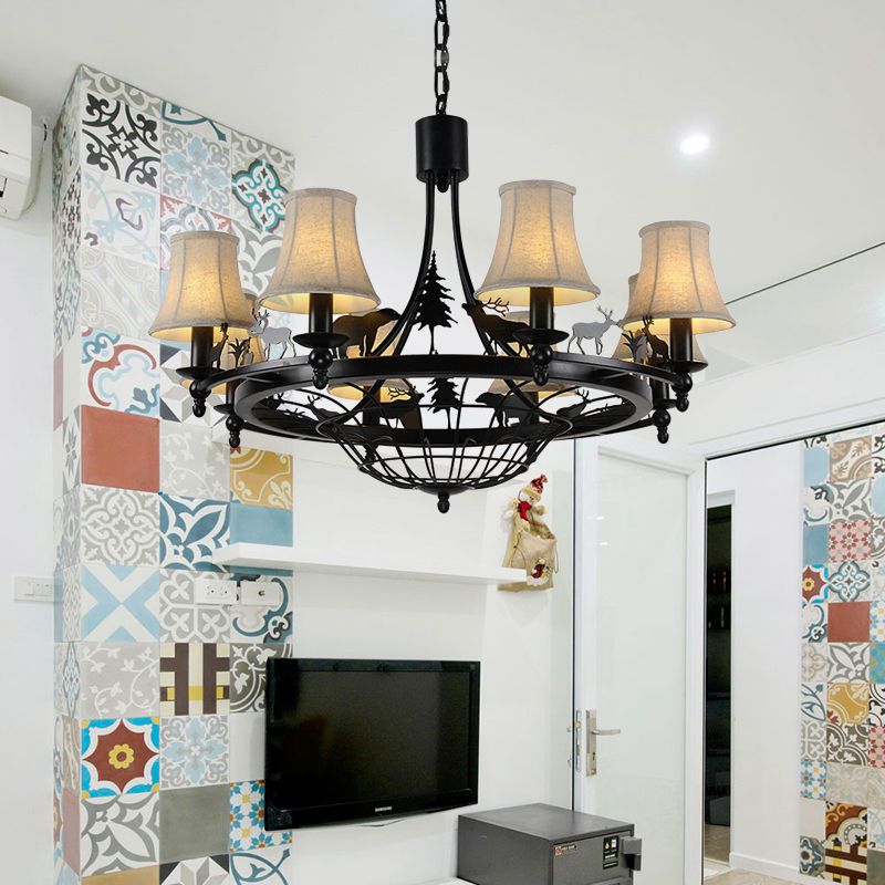 Metal Black Hanging Chandelier Bell 8 Bulb Luz de suspensión tradicional con sombra de tela de cono