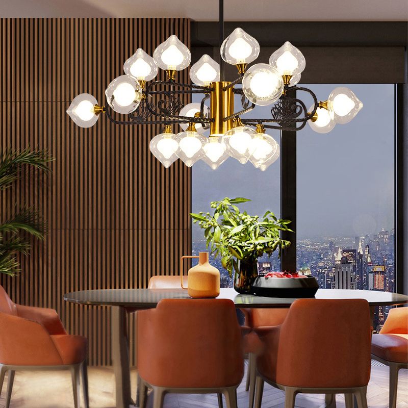 Black-Gold Peach Shaped Chandelier Postmodern 18-Bulb Clear and Frosted Glass  Pendant