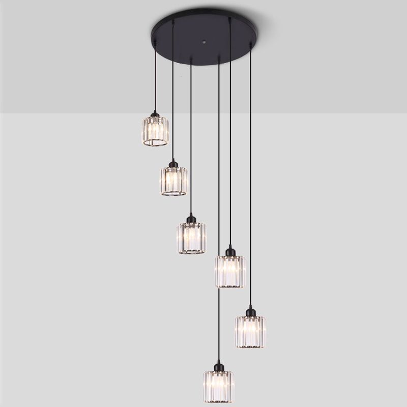 Contemporary Cylindrical Pendant Clear Crystal Multiple Hanging Ceiling Light for Spiral Stair