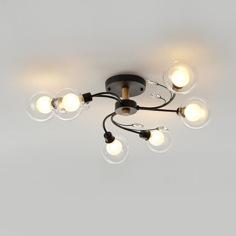 Lámpara semi empotrada con bola de vidrio transparente, iluminación contemporánea de 6 luces en negro/dorado cerca del techo