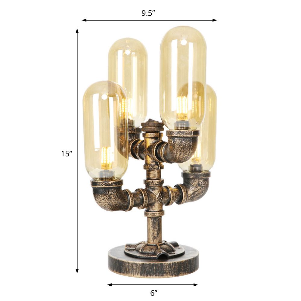 4 Bulbs LED Table Lighting Vintage Capsule Shade Amber/Clear Glass Nightstand Lamp for Bedroom