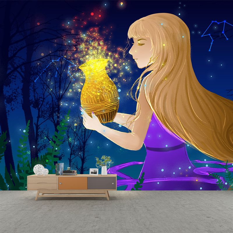 Fairy Constellation Aquarius Mural Childrens Art Non-Woven Wall Covering in Purple-Yellow