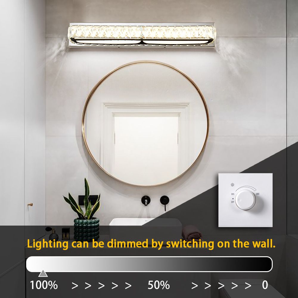 Roestvrijstalen basis badkamer ijdelheid wijk kristal ingebed boven spiegel ijdelheid lichten