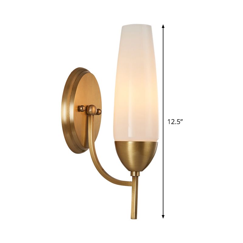 Contemporary 1 Bulb Wall Lamp Brass Conical Sconce Light Fixture with Milky Glass Shade