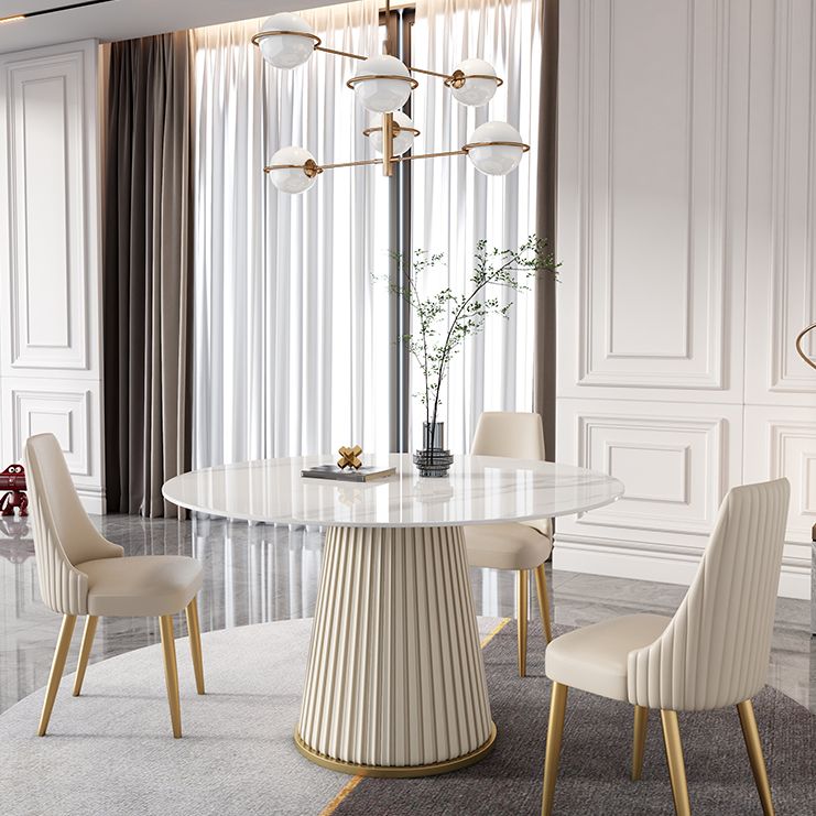 Round Traditional Luxury Dining Room Table White Sintered Stone Table with White Pedestal Base