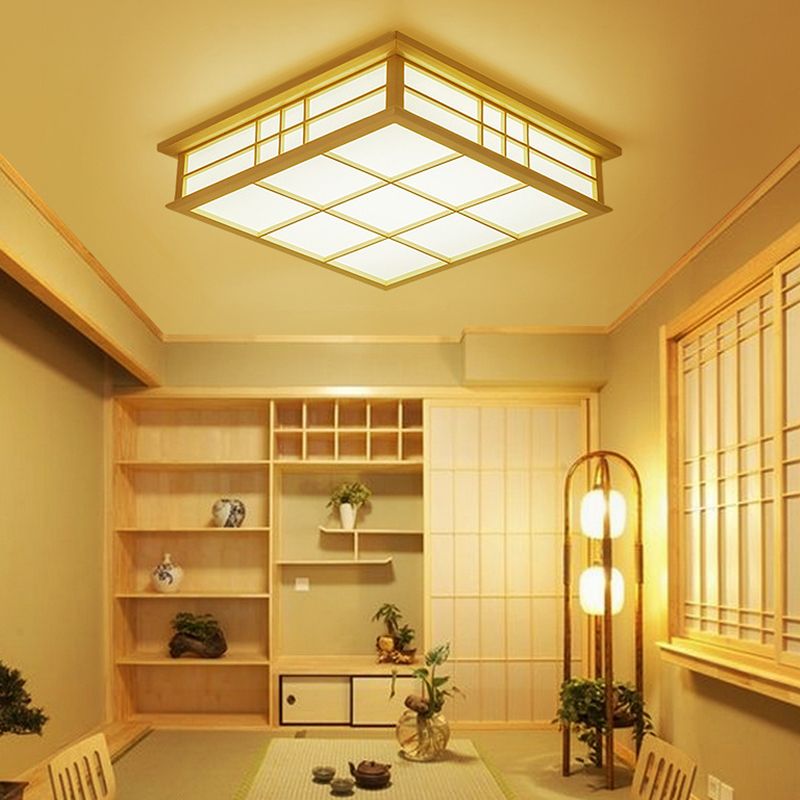 Wood Square Grille Flush Lighting Japanese Style LED Beige Ceiling Lamp in Warm/White Light