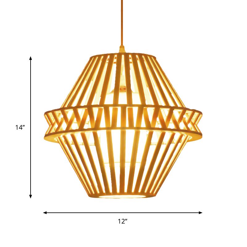 Iluminación colgante de cono de bambú asiático 1 Bulbo de madera de madera Luz colgante con sombra de tela blanca interna