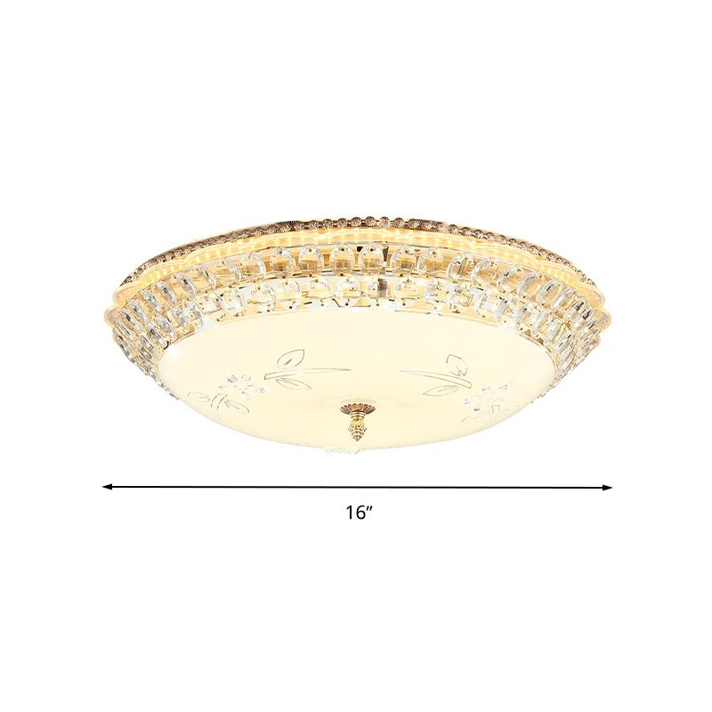 Dome White Glass Ceiling Light Modern LED Gold Flush Mount Lighting Fixture with Crystal Accent, 12"/16"/19.5" W