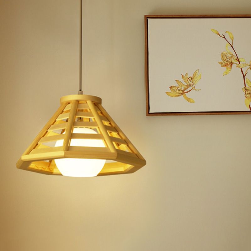 Asia Mini Globe Pendant Light Ivory Open Glass 1 Head Dining Table Suspension Lighting with Tapered Wood Cage in Beige