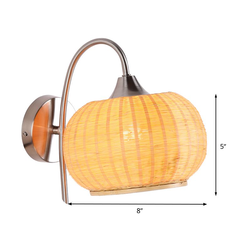 Beige Pumpkin Wall Lighting Asian 1 Head Bamboo Sconce Light Fixture with Metal Curvy Arm