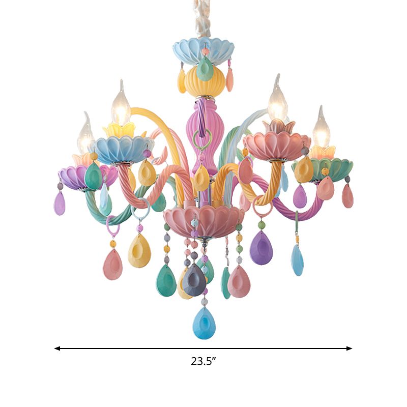 Kerzenkinder Schlafzimmer Kronleuchter Glas Macaron Style Multi-Farben-Suspension Licht mit Tränenkristall