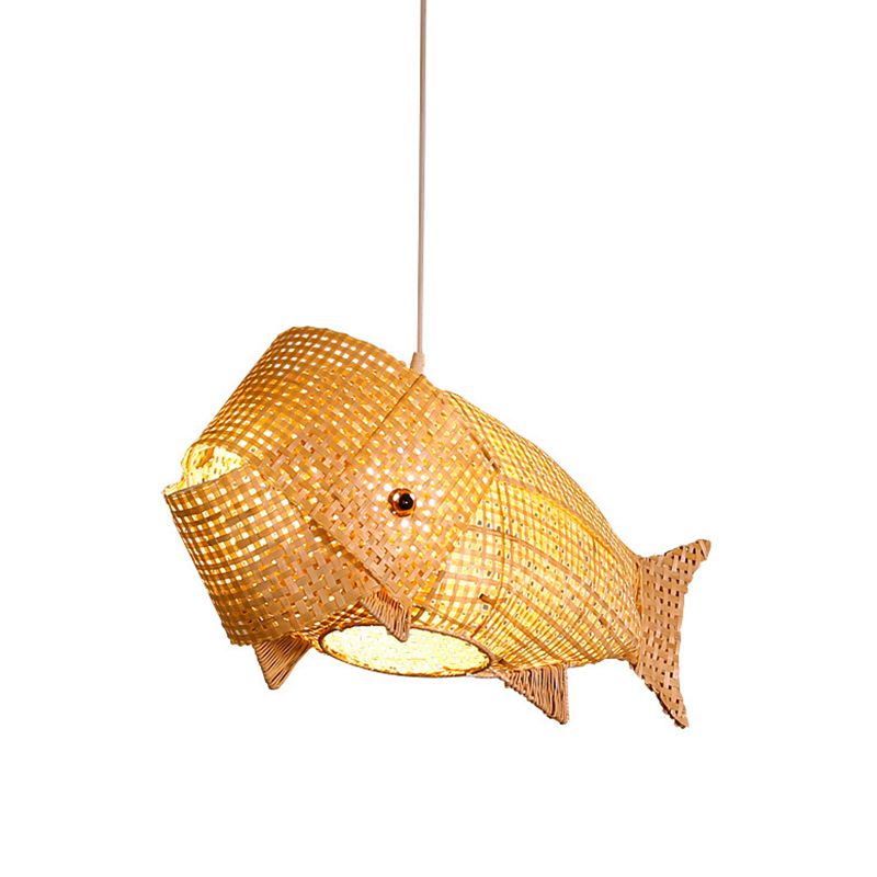 Carp Fish Restaurant Hanging Light Bamboo Woven 1-Light Chinese Ceiling Pendant in Beige