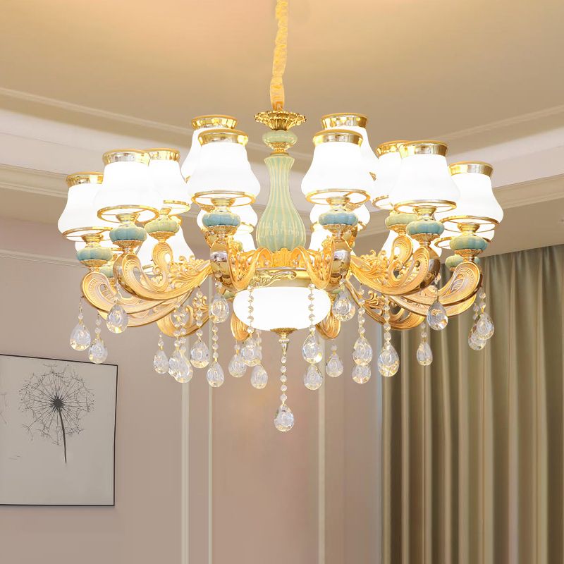 Handblown Glass Gold Chandelier Light Bud Retro Pendant Light Fixture with Crystal Accent