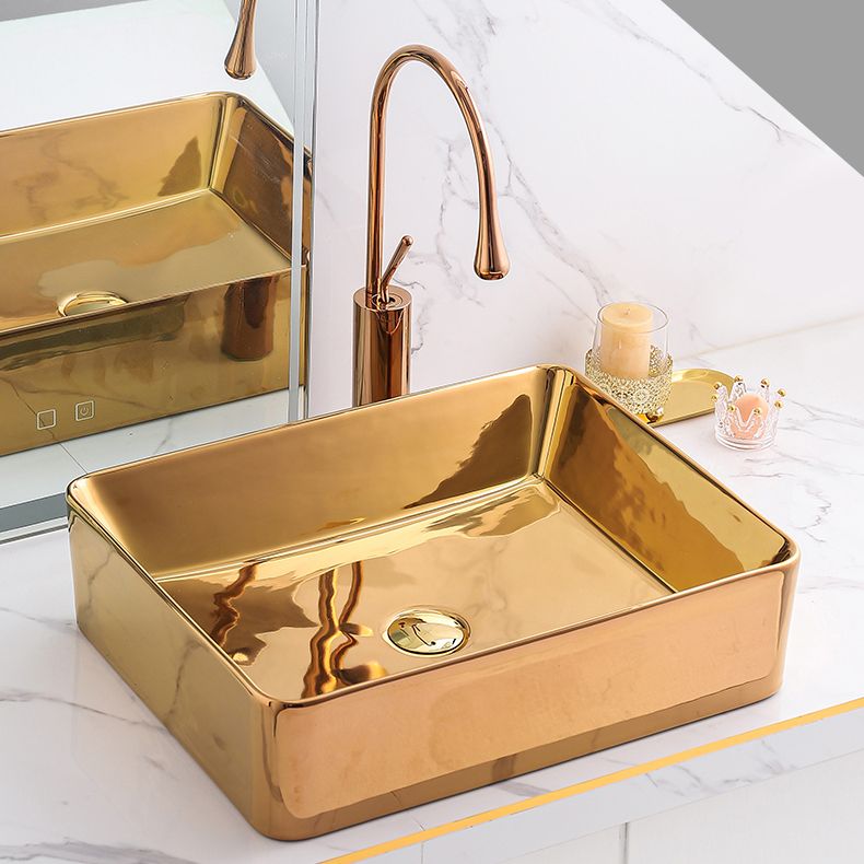 Gold Bathroom Sink Faucet Contemporary Vitreous China Vessel Sink with Pop-Up Drain