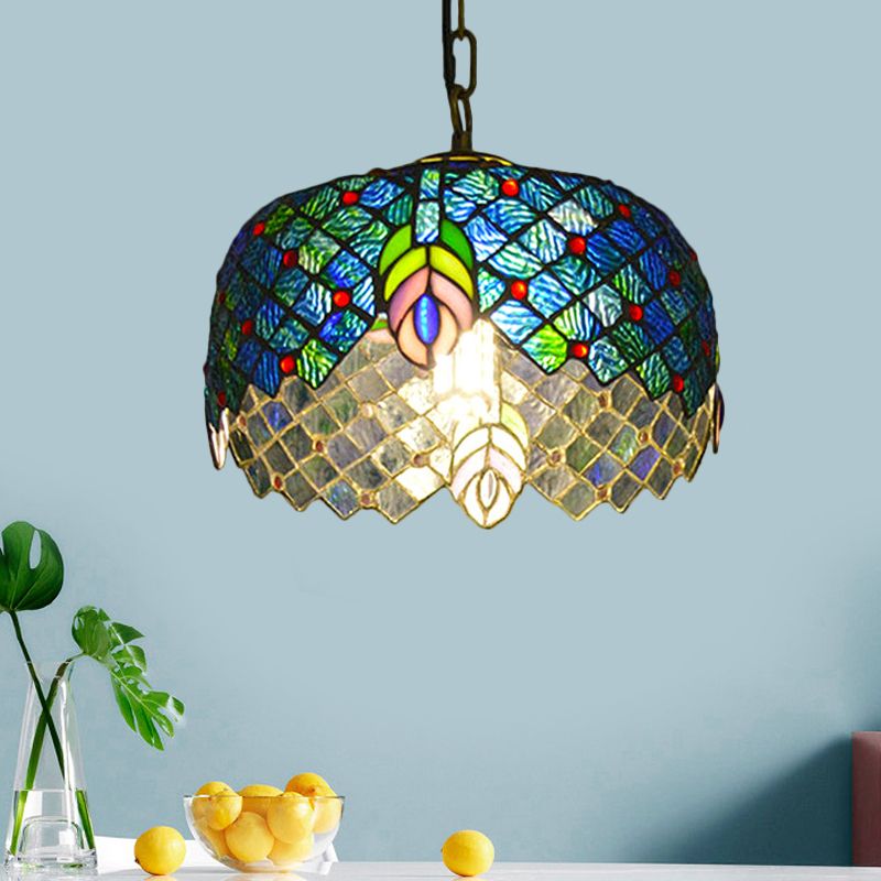 1 Light Peacock Tail Hanging Light Kit Méditerranéen Blue Cut Glass Pendant Éclairage avec tambour de tambour