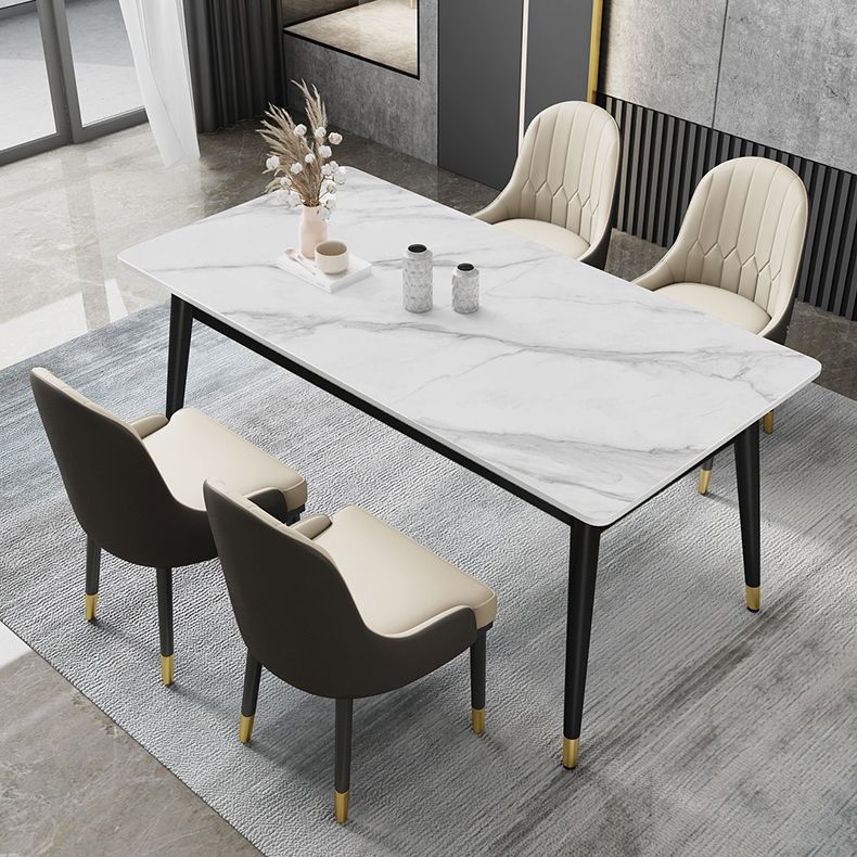 Black 4-foot Metal Dining Table Modern Stone Top Rectangle Dinette Table