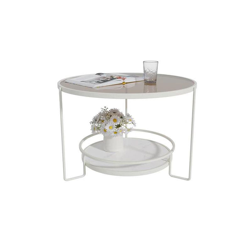 Round Cocktail Table Glass Top Single Coffee Table with Shelf