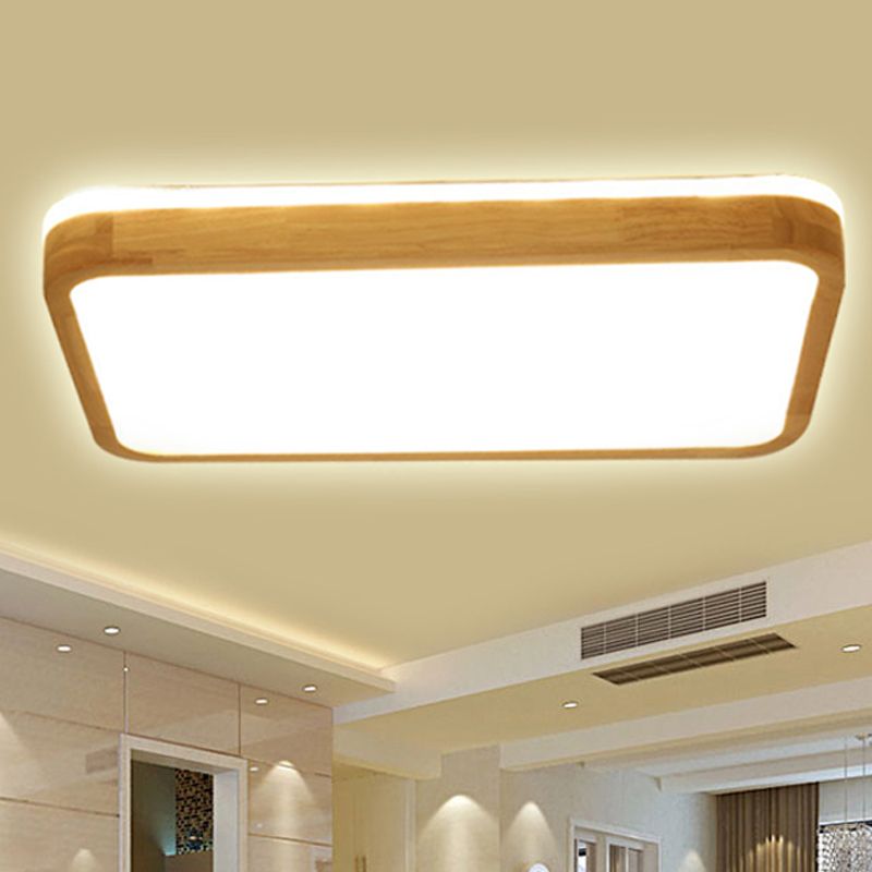 Square/Rectangle Wood Flush Mount Lamp Modern Led 12"/16"/19.5" Wide Beige Flush Mount Ceiling Light Fixture with Frosted Diffuser in Natural Light