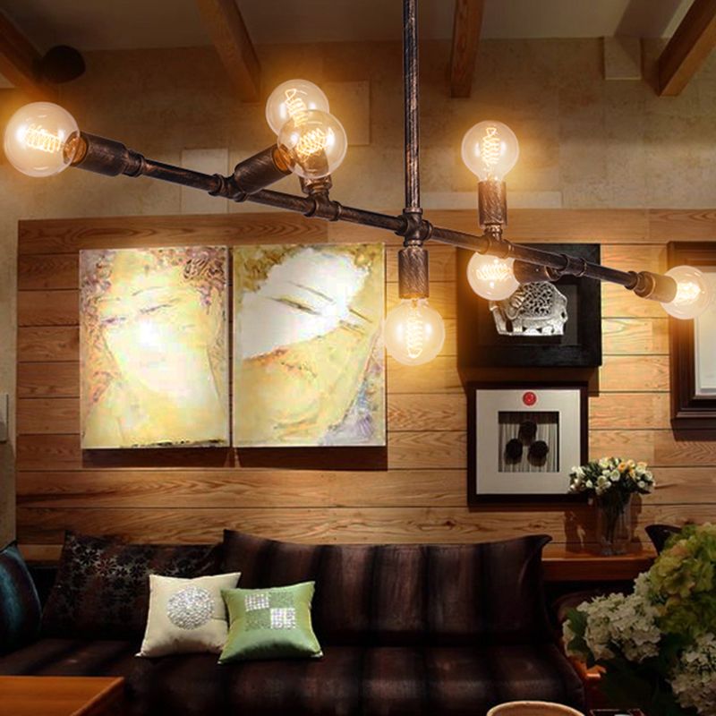 Bronze Water Pipe Island Light Fixture Vintage Iron Living Room Ceiling Pendant Light