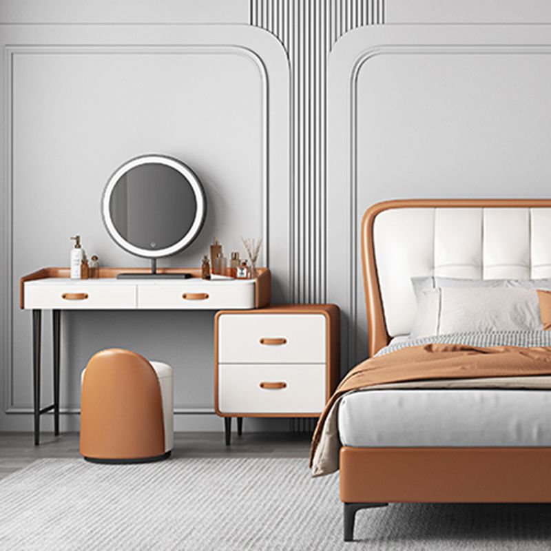 Stone Top Make-up Vanity Orange Solid Wood Vanity Dressing Table Set with Drawers