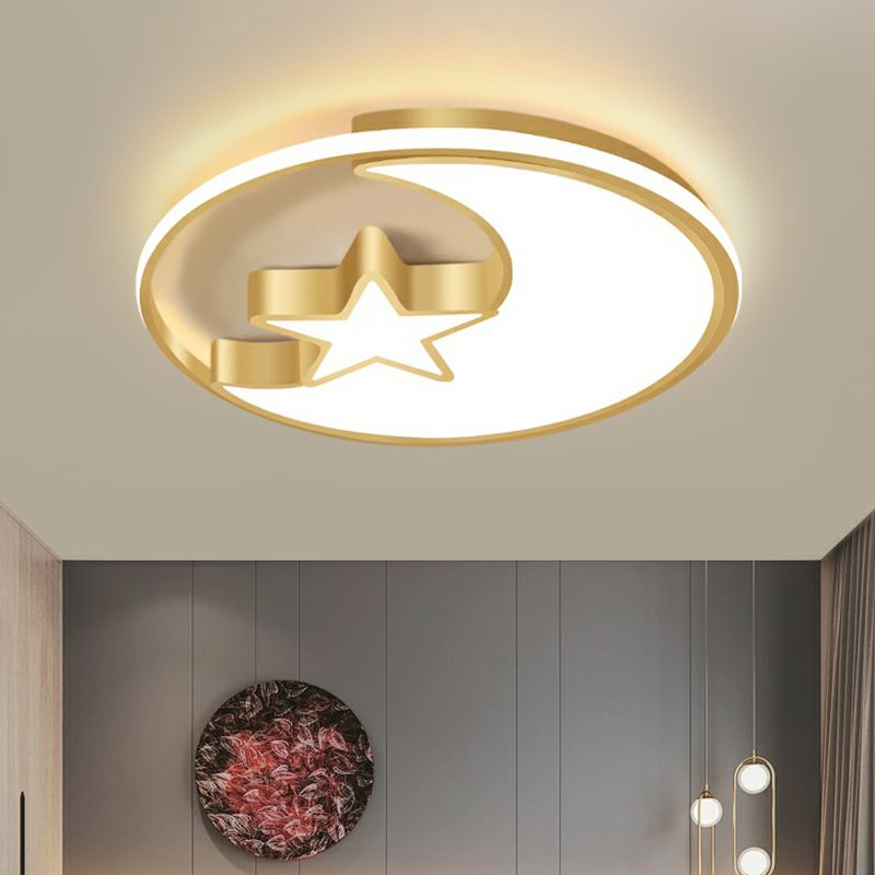 Metal Moon and Star Flushmount Light Simplicity Golden Ceiling Lamp for Childrens Bedroom
