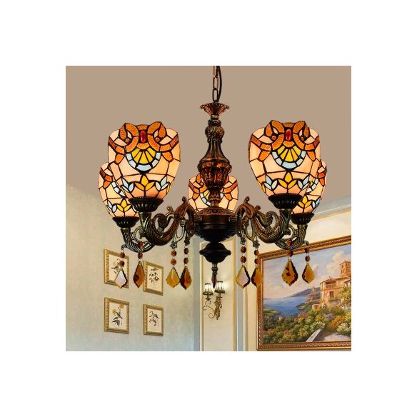 Bowl Chandelier Retro Style Stained Glass 5 Lights Hanging Pendant with Crystal for Bedroom