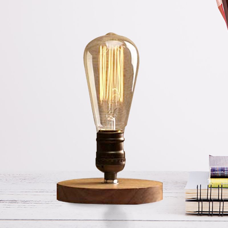 Wooden Circular Base Table Light with Exposed Bulb Farmhouse 1 Light Bedside Standing Lamp in Brass