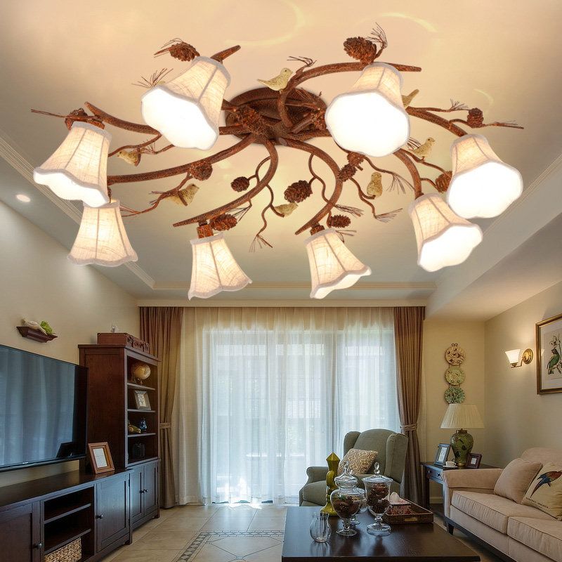 8-Light Semi Flush Mount Country Scalloped White Glass Ceiling Light Fixture in Rust for Living Room