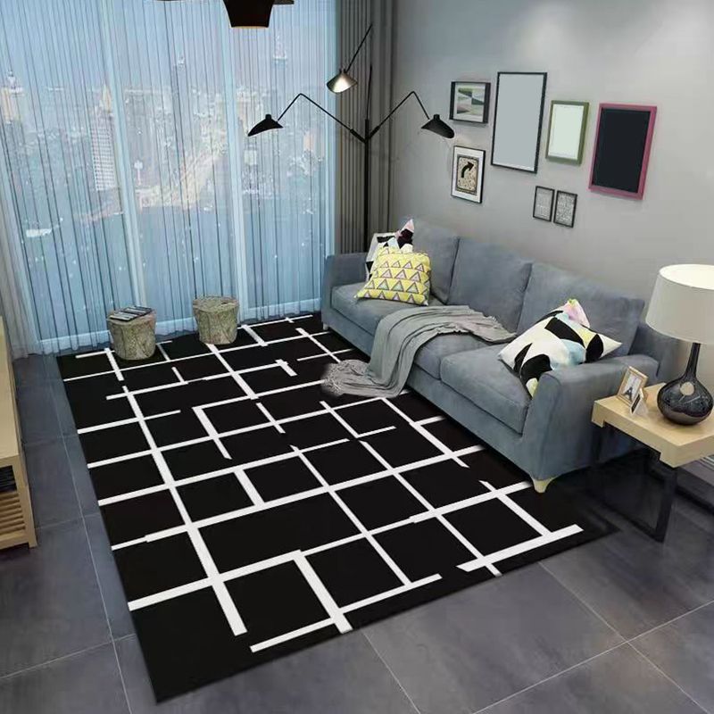 Black Modern Carpet Geometry Polyester Carpet Washable Carpet for Drawing Room