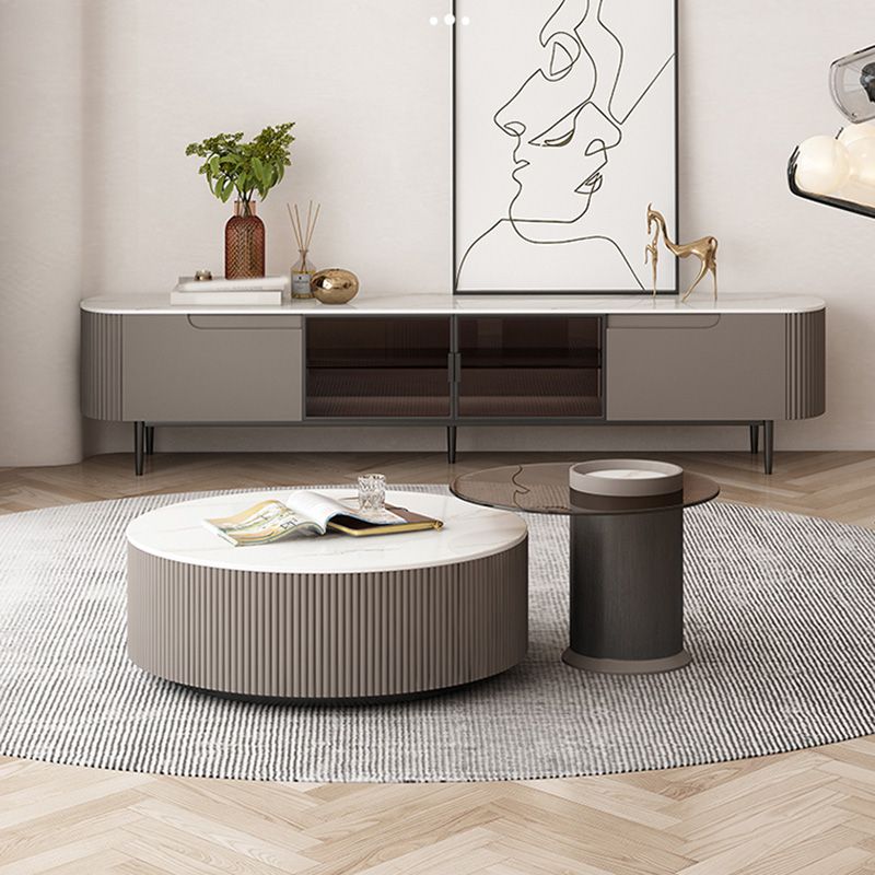 Round Slate Top Coffee Table Glam Drum Coffee Cocktail Table with Drawer