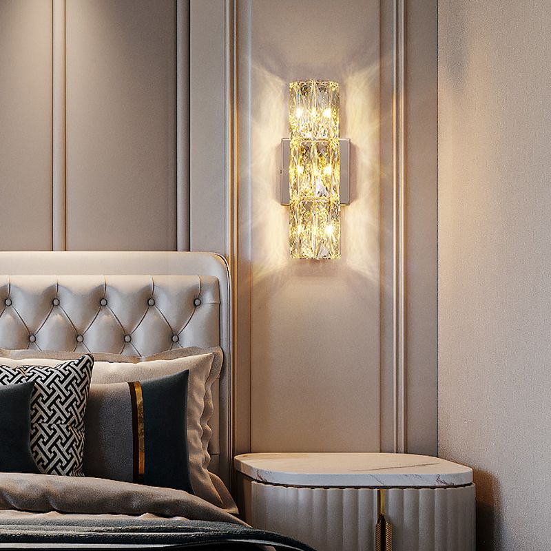 Modern Style Wall Light Cylinder Crystal Sconces in Transparent for Bedroom