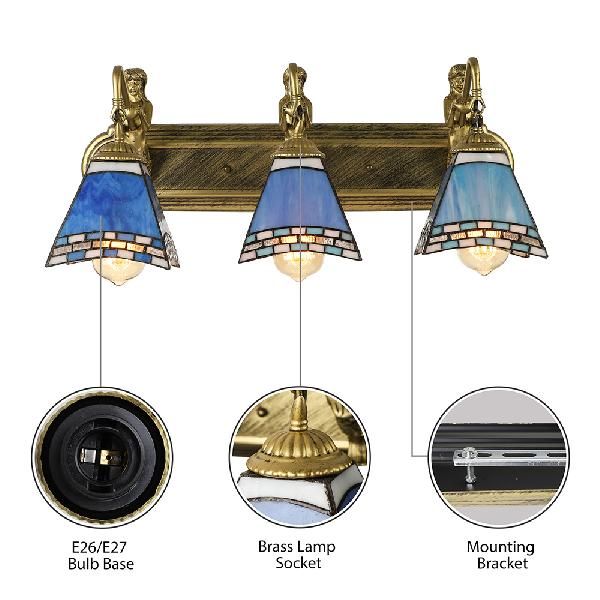 Mediterranean Trapezoid Wall Light Fixture 3 Heads Stained Glass Sconce Light for Living Room